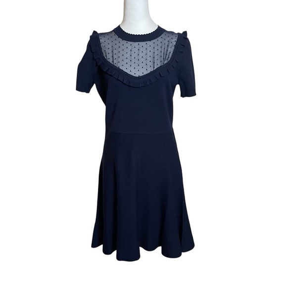 Draper James Sheer Yoke A-Line Sweater Dress Navy Blue Medium Modest Neutral - Picture 3 of 14